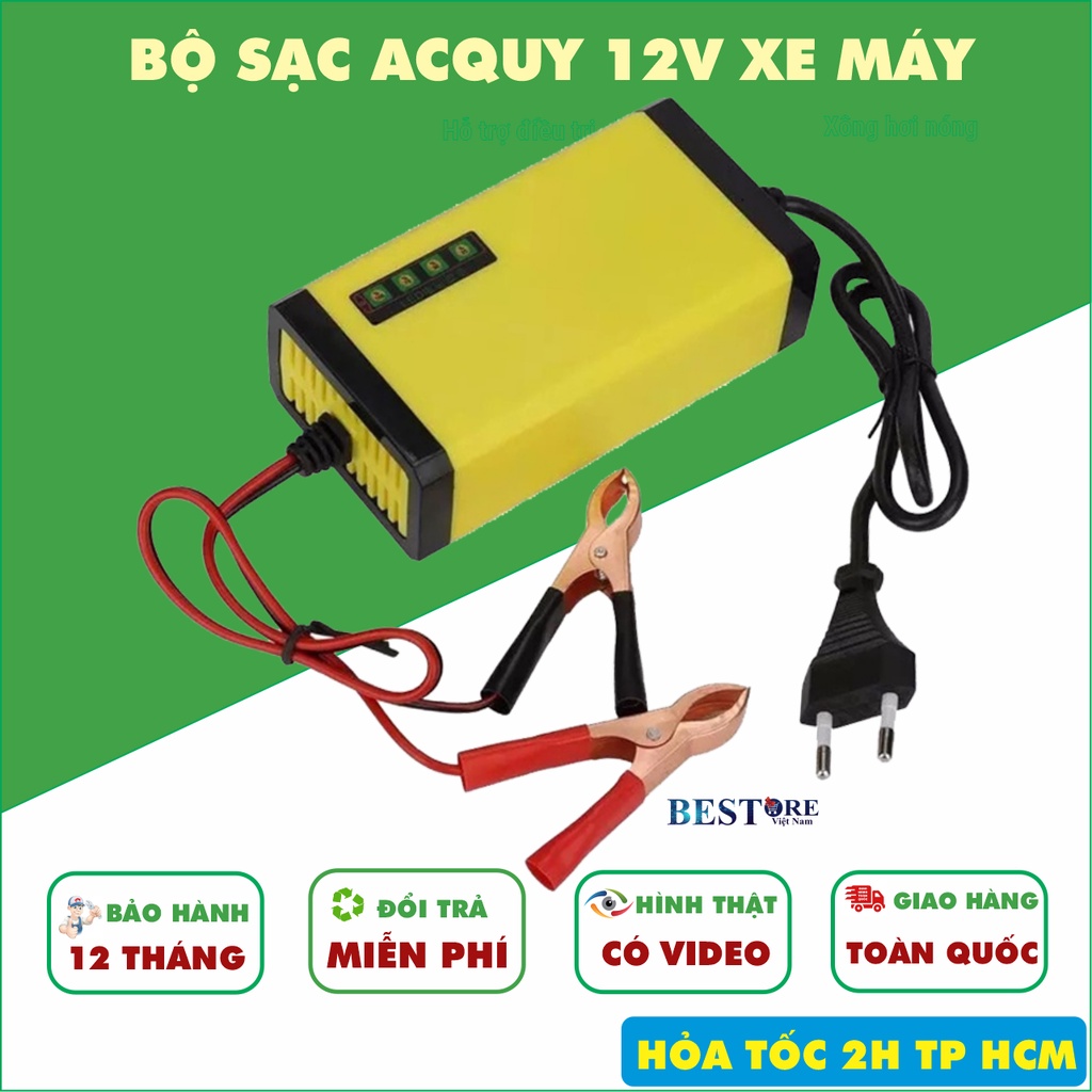 Bộ sạc bình ắc quy tự động ngắt 12V 2Ah-20Ah sạc acquy xe máy, xe ô tô, có đèn led báo đầy