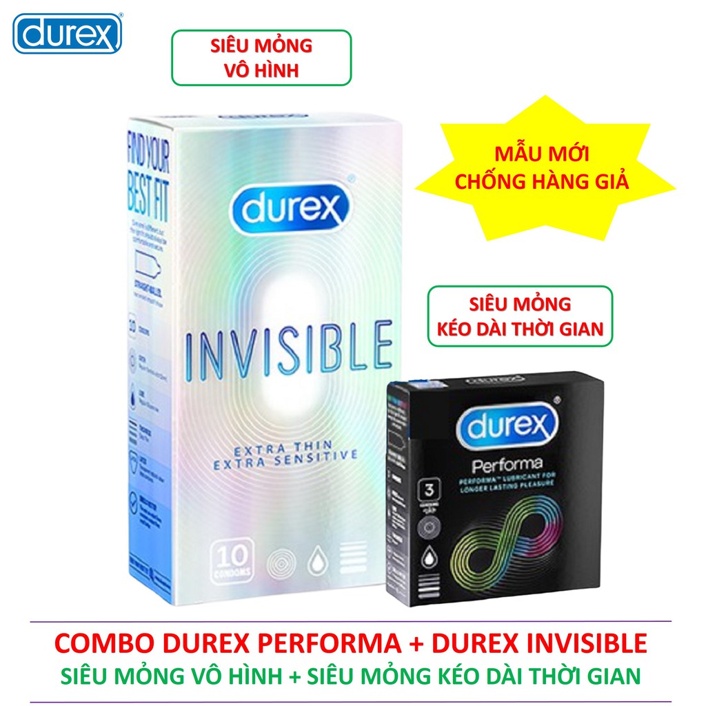 [DUREX CHÍNH HÃNG] COMBO 10 bao cao su siêu mỏng vô hình Durex Invisible + 3 bao cao su kéo dài thời gian Durex Performa