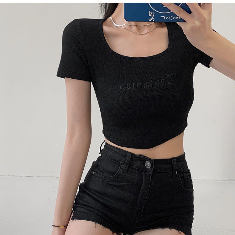 COZOK Áo Thun Lửng Tay Ngắn Cổ Vuông Màu Trơn Thêu Chữ Quyến Rũ Thời Trang Mùa Hè Cho Nữ