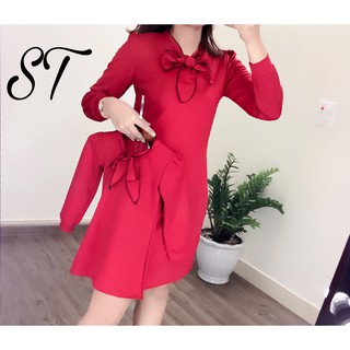 Váy đôi mẹ và bé cổ NƠ màu đỏ dáng suông thiết kế V33