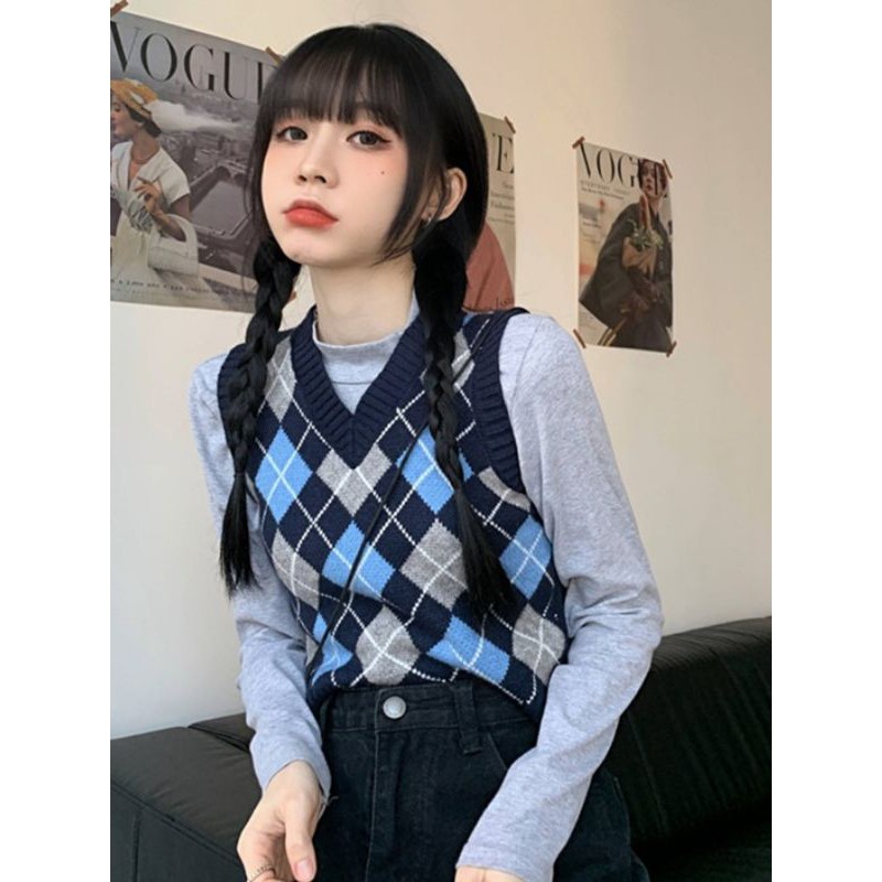 (Ord) Áo ghi lê len dáng ôm họa tiết caro phong cách Hàn Quốc trẻ trung năng động