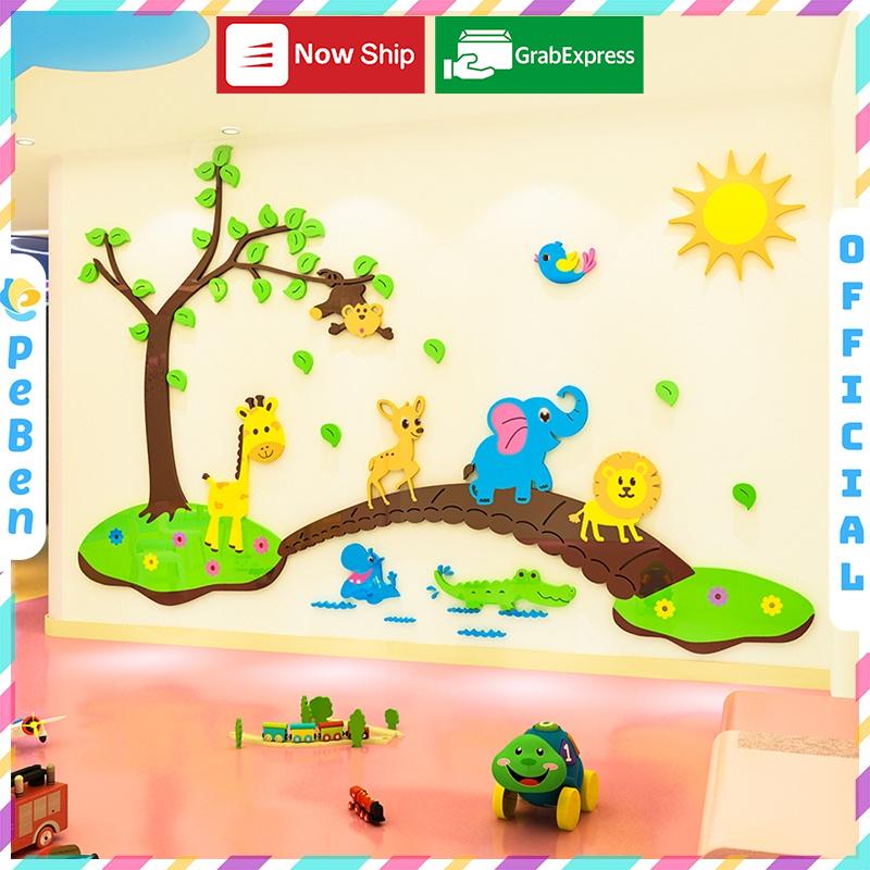 Tranh dán tường mica 3d decor Động vật qua cầu Trang trí nhà trẻ, phòng cho bé Nhiều Size - EPeBen