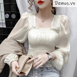 Mùa thu nữ voan dài tay áo sơ mi lồng đèn màu rắn