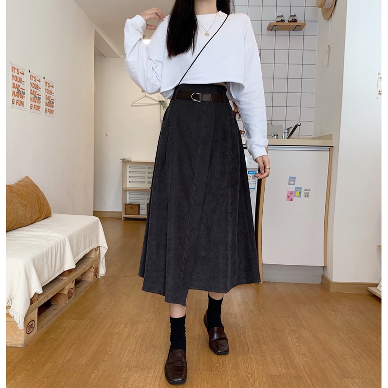 SUXI Chân Váy Chữ A Lưng Cao Màu Sắc Đơn Giản Cho Nữ