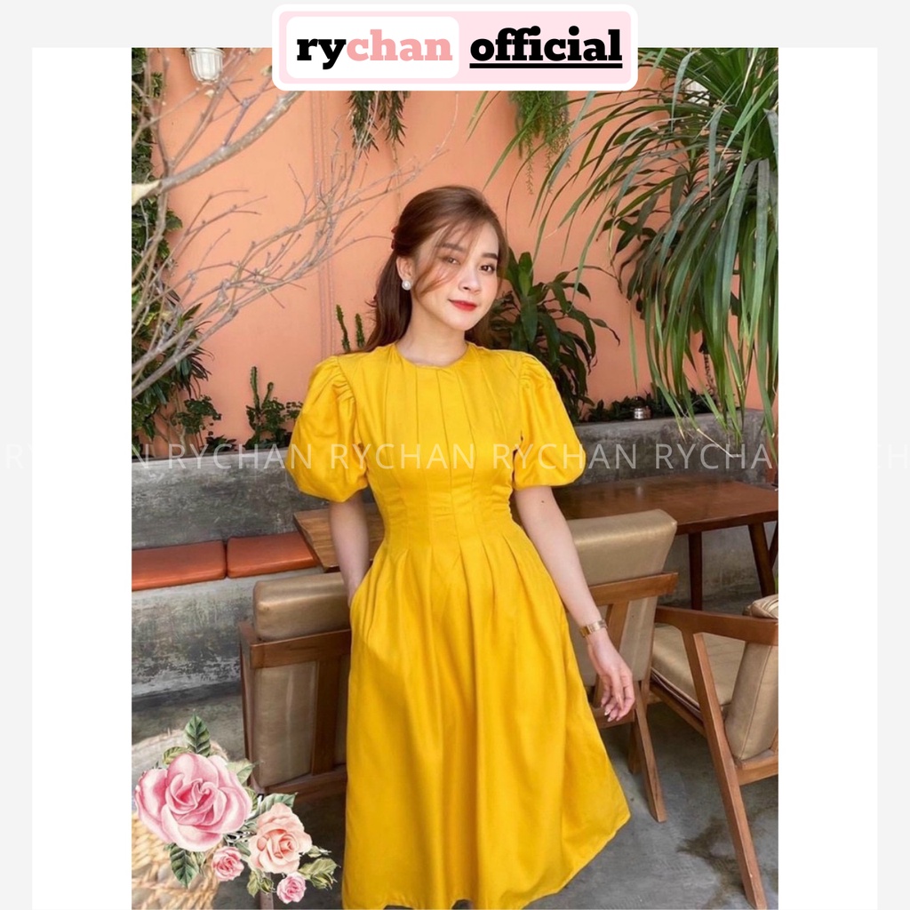 Đầm Xòe Midi Trơn Tay Phồng Chít Eo 5 Màu [Ảnh Thật Cuối] - DX0036