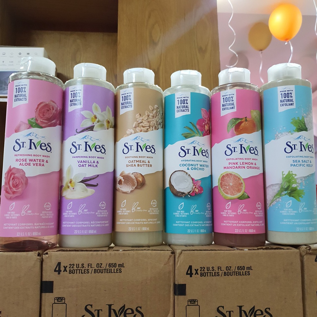 Sữa tắm ST.Ives muối biển,yến mạch bơ, cam chanh, hoa hồng và lô hôi 650ml