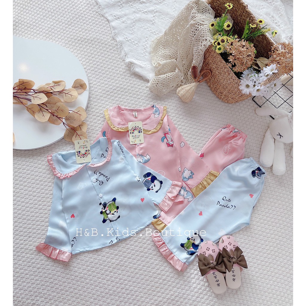 Bộ Ngủ Pijama Dài Tay Bé Gái Chất Lụa Satin Viền Bèo Cực Đẹp Cho Bé, Bộ Dài Tay Bé Gái Mặc Nhà Unchi Store (V466)