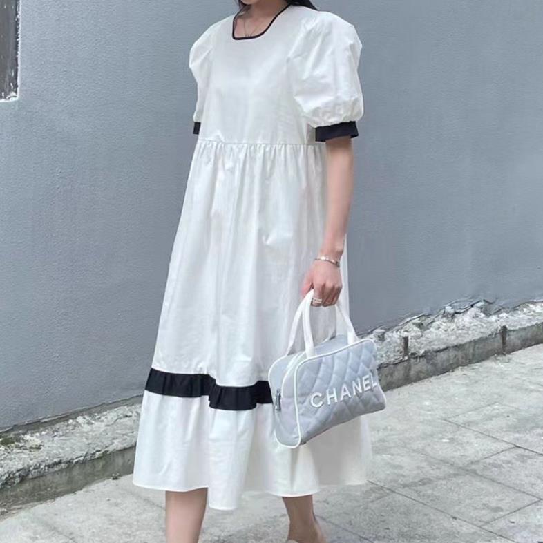 Đầm nữ babydoll dáng xòe ngắn tay kiểu màu trắng be phối viền đen nổi thời trang thanh lịch nữ tính
