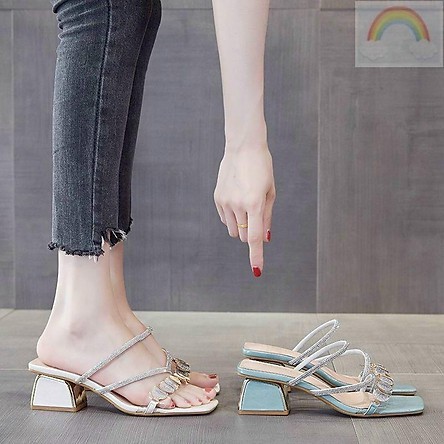 Cao Gót Nữ 5 Phân Đính Đá Đẹp Tiểu Thư Sang Chảnh gót vuông hở mũi quai ngang mảnh Hot MÃ CG01  MINHTUYETSHOES