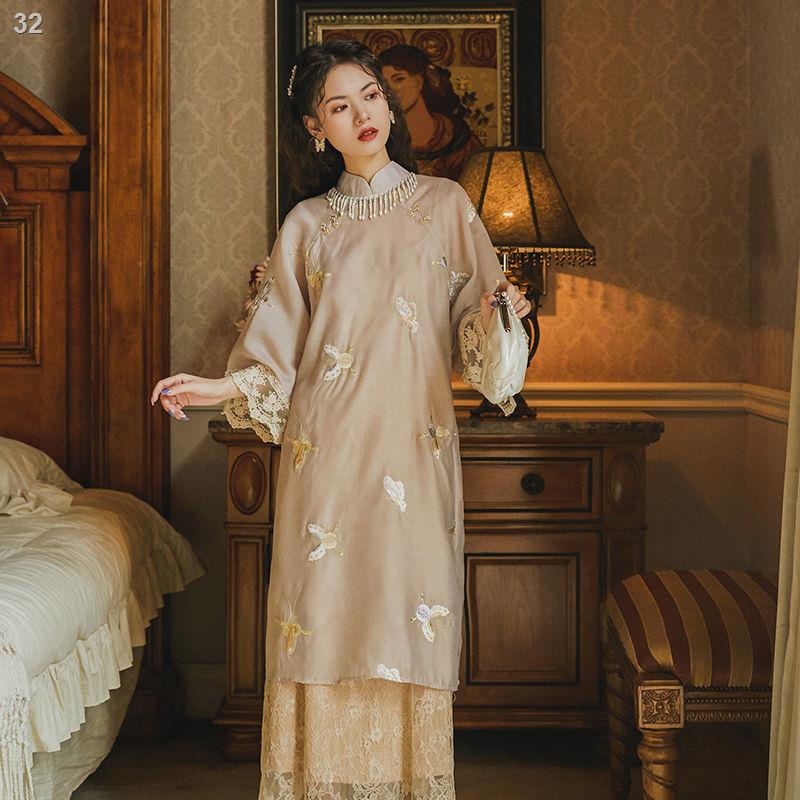 【2022】Falling Baby retro bướm thêu cải tiến sườn xám tất cả phù hợp với váy ren áo vest jumpsuit Cộng hòa Trung Hoa ngượ