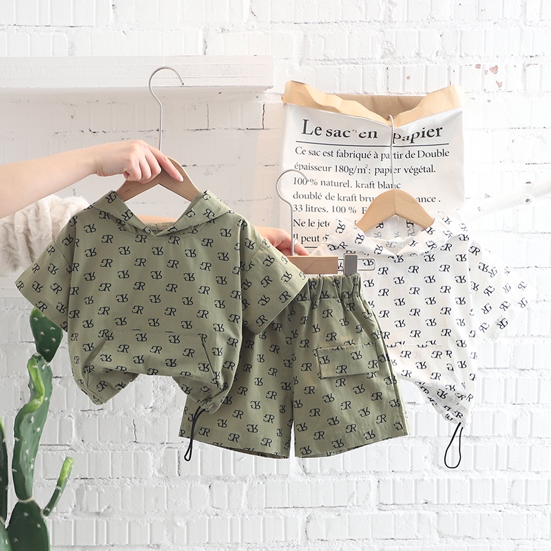 Bộ Đồ Thể Thao Áo Hoodie Tay Ngắn Phối Quần Short Vải Cotton Thời Trang Mùa Hè Kích Thước 80-110cm Cho Bé
