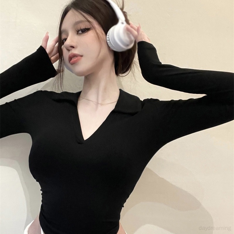 Áo Thun Tay Dài Cổ Chữ V Màu Sắc Đơn Giản Phong Cách Hàn Quốc