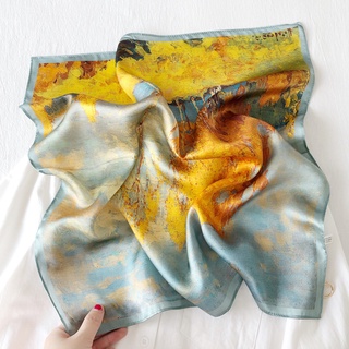 Spot second hair# elegant retro scarf small scarf artistic oil painting women's square scarf thin imitation silk scarf decorative tie hair band 8/4gg