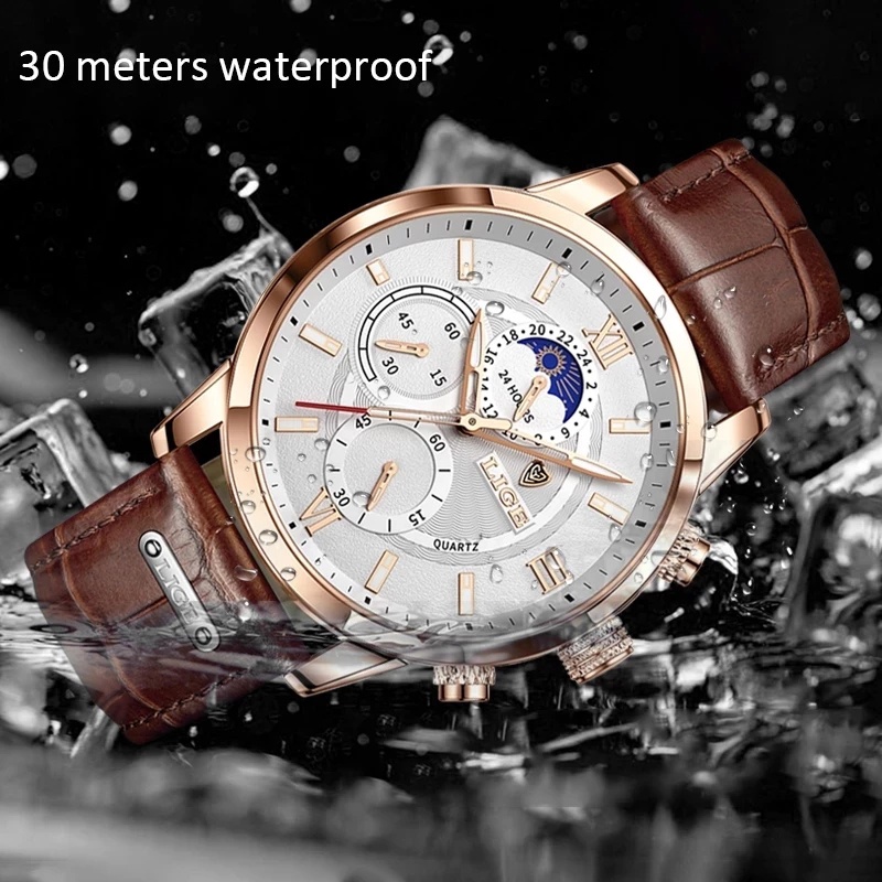 LIGE Top Luxury Brand Fashion Leather Waterproof Quartz Men's Watch