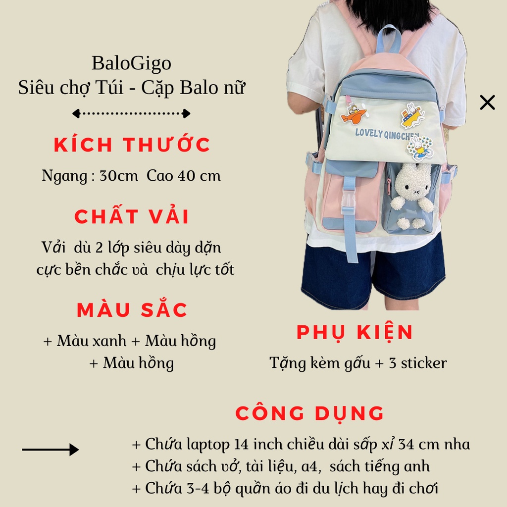 Cặp học sinh nữ dễ thương tặng kèm gấu + 3 sticker G202 - BaloGigo