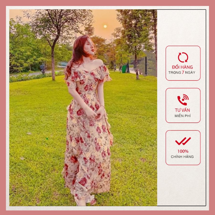 {Bán Lẻ Giá Sỉ +FREESHIP} Váy Hoa Nhí Trễ Vai Vintage, Đầm Dáng Dài Mặc 2 Kiểu Kèm Ảnh Thật Và Video