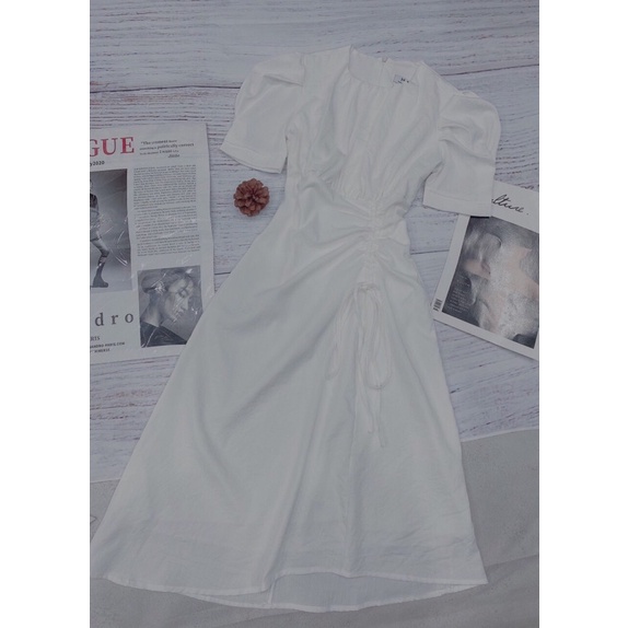 Đầm cổ tròn nhún ngực dây rút nhún eo