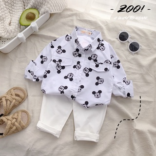 Sét sơ mi in mickey quần kaki trắng soái ca Cho bé từ 9-23kgs