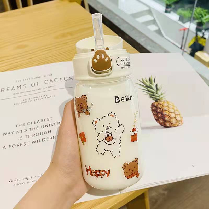 Bình Nước 480ml Trong Suốt Chống Rò Rỉ Kèm Ống Hút Họa Tiết Hoạt Hình Dễ Thương Cho Học Sinh