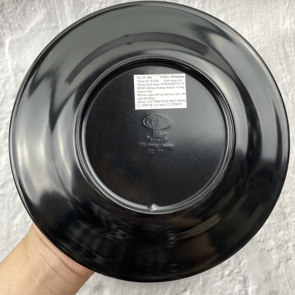 Dĩa nhựa Melamine tròn đen cạn trơn dành cho gia đình, nhà hàng, quán ăn