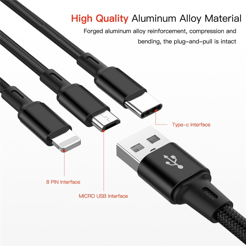 3 in 1 Micro USB Cable For Android USB TypeC Mobile Phone Cables 120CM