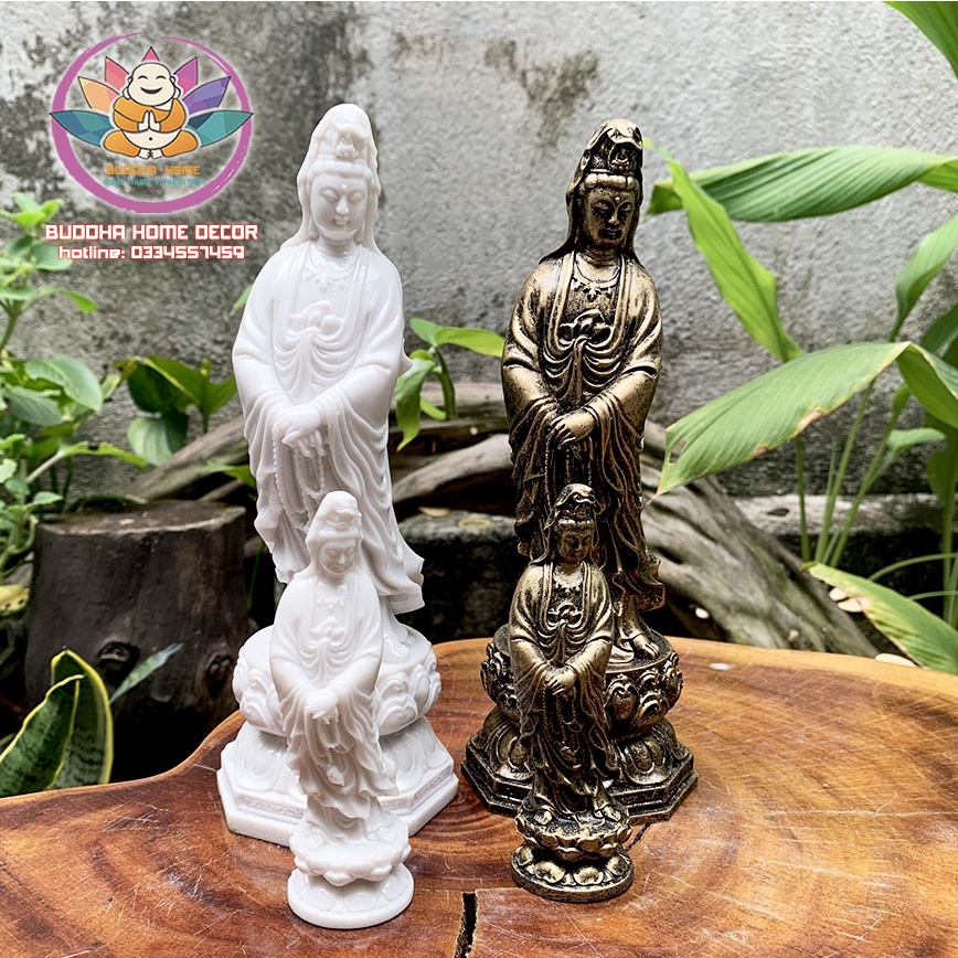 Tượng Mẹ Quan Âm 23cm đá màu trắng, màu đồng trang trí nội thất nhà cửa- phong thủy- thờ cúng