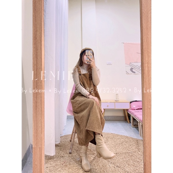 Sét Yếm Váy Nhung Tăm Kèm Áo Len Cổ 3p S048 Phong Cách Ulzzang Hàn Quốc - Yếm Chun Vai Có Túi Trước Ảnh Thật Lekemqc