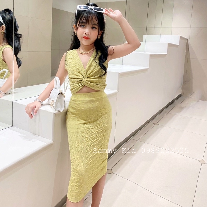 Set áo xoắn ngực Chân Váy bút chì cạp cao cho bé gái size đại 16-41kg siêu Sang chảnh