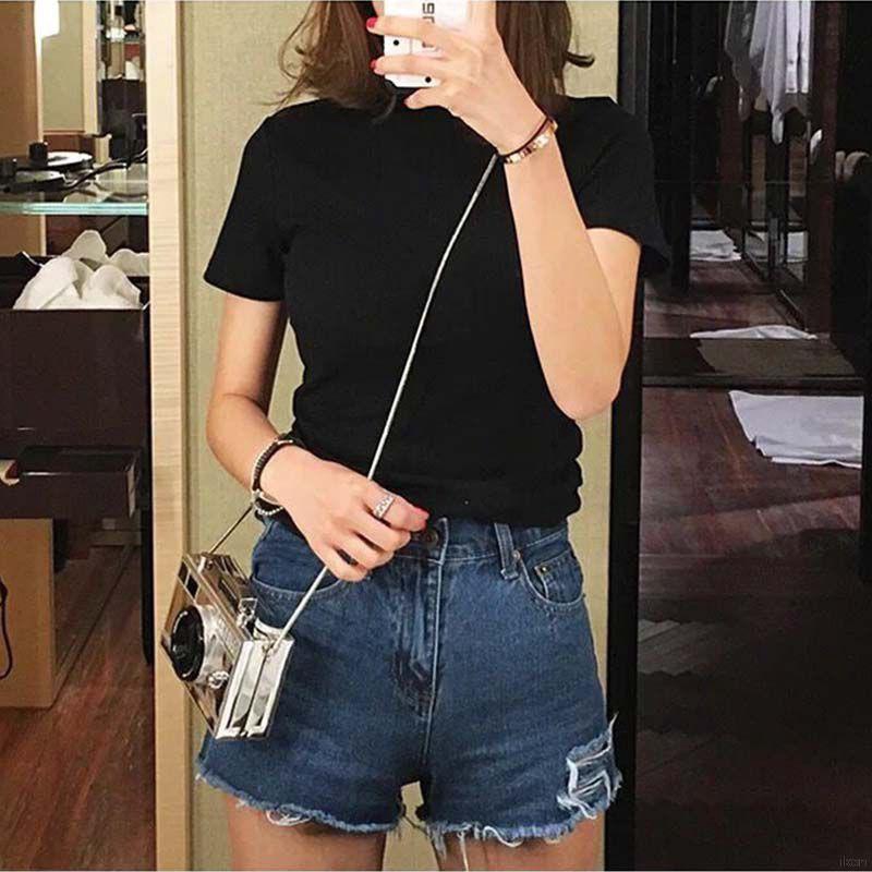 Áo thun tay ngắn cổ lọ thiết kế thanh lịch thời trang cho nữ