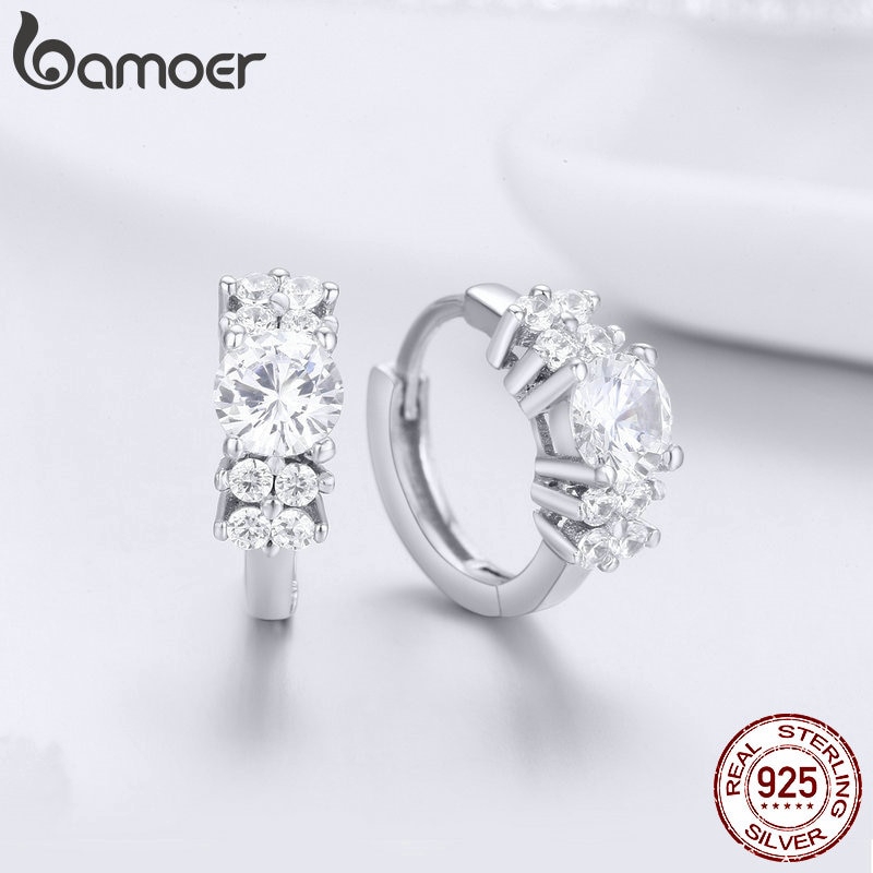 Khuyên tai vòng tròn Bamoer bạc 925 khảm đá pha lê trong suốt
