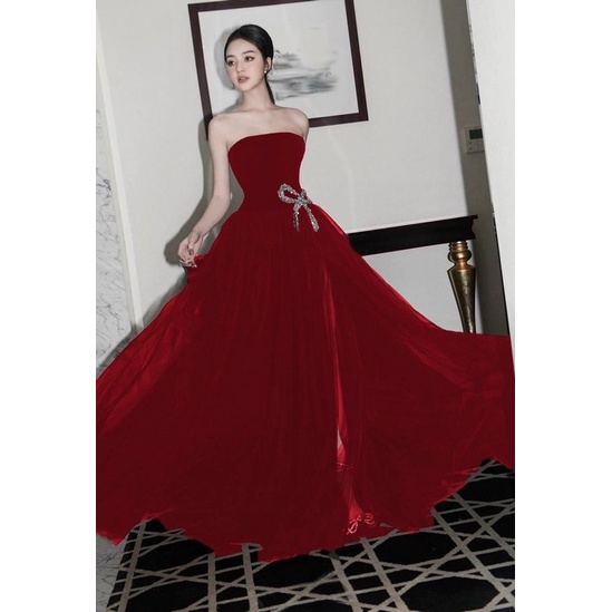 ĐẦM CƯỚI ĐI BÀN  CÚP NGỰC NHUNG XẺ ĐÙI KẾT NƠ ĐÁ full size S/M/L/XL