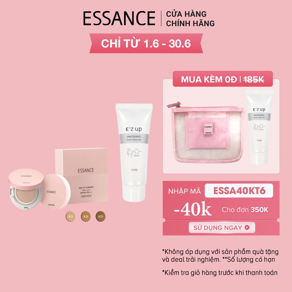 Bộ phấn nước mịn lì mờ khuyết điểm Essance Veil Fit SPF50+ PA+++ 15g + Sữa rửa mặt E'Zup 30g tặng Cọ rửa mặt
