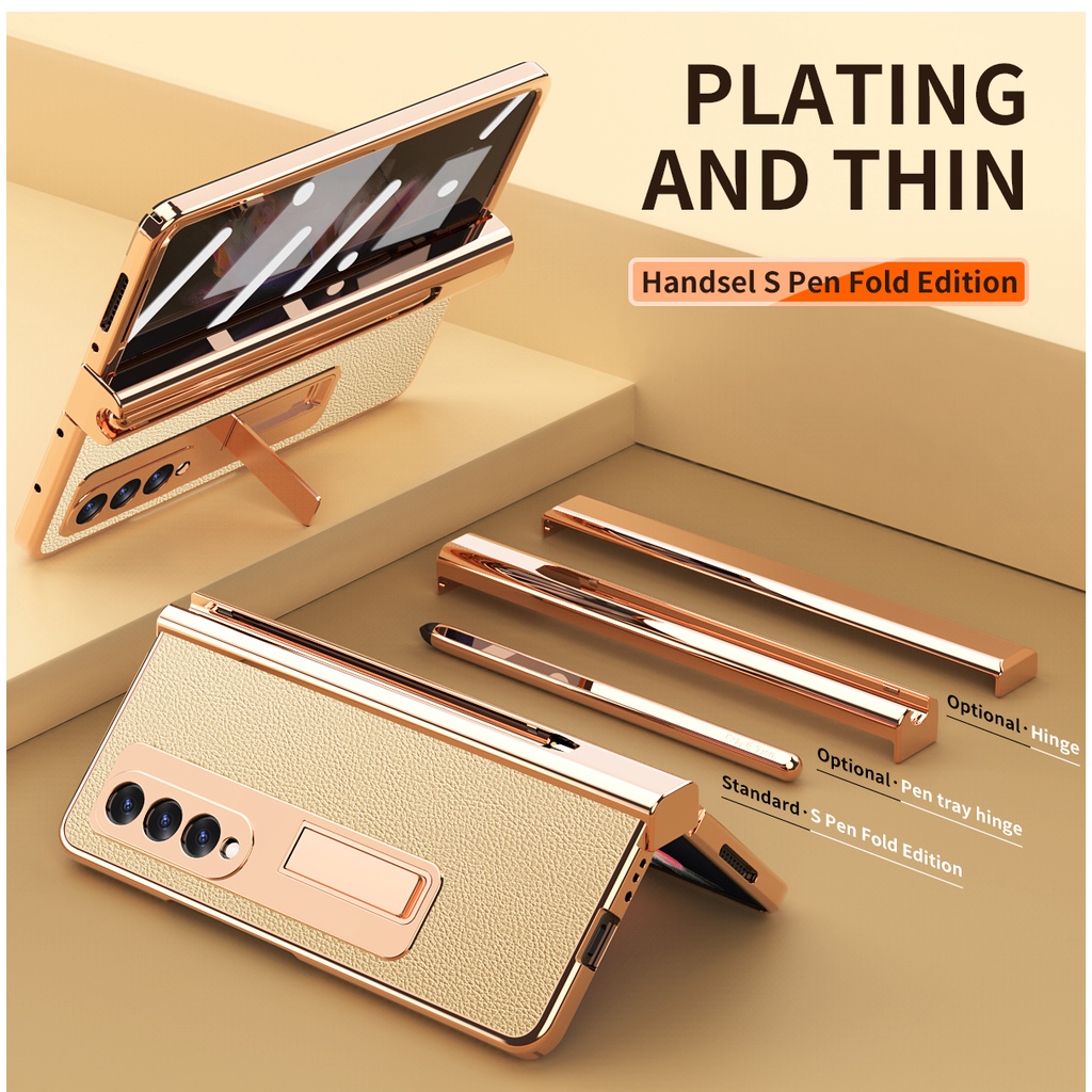 Vỏ bản lề mạ da sang trọng có bút cho samsung galaxy z fold 5 case có giá đỡ từ tính cho z fold 4 fold 3 case