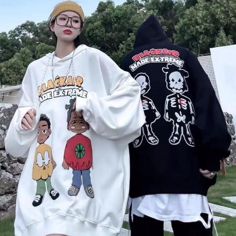 Áo hoodie nỉ bông unisex nam nữ local brand Trung Black Air 2 in cậu bé hippie cá tính đen trắng có size