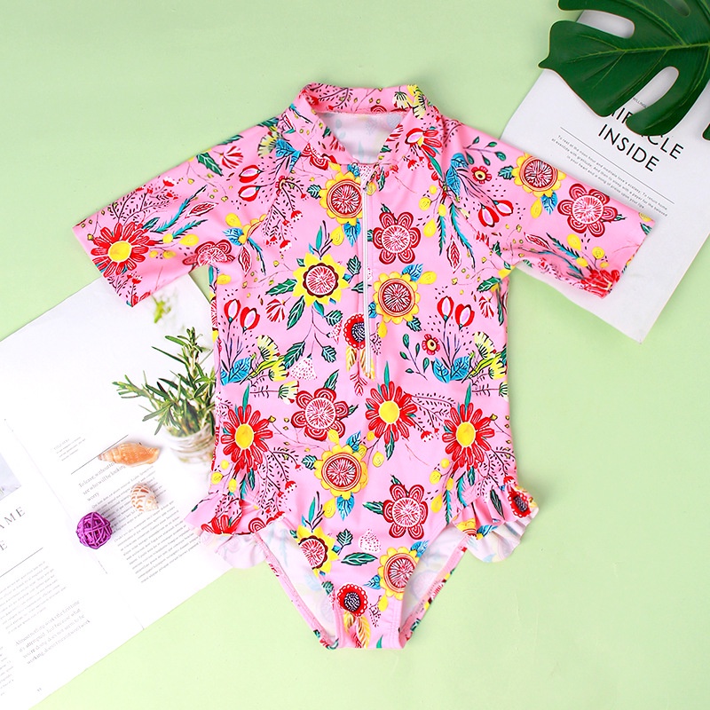 Bộ Đồ Bơi Một Mảnh Tay Ngắn Viền Xếp Nếp Họa Tiết Hoa Lưng Co Giãn Thoải Mái Chất Lượng Cao Cho Nữ