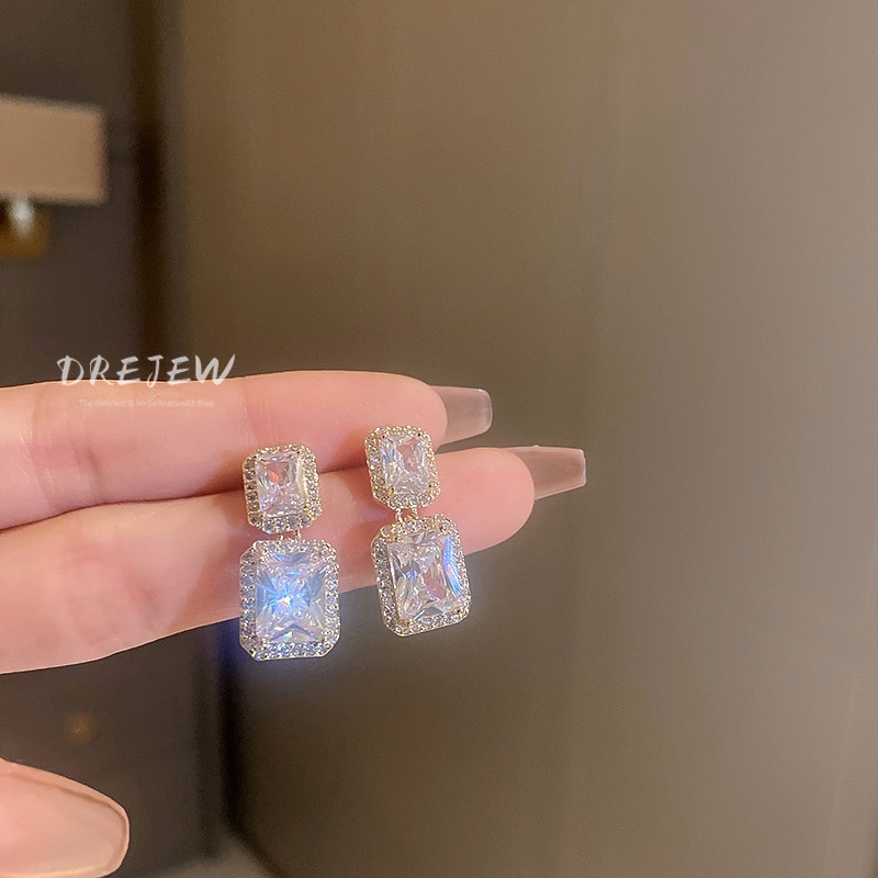 DREJEW Khuyên tai mạ vàng/ bạc đính đá zircon cao cấp sang trọng thời trang cho nữ