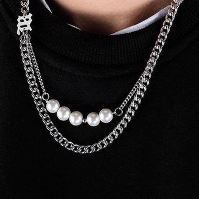 Dây Chuyền Cuba Bằng Thép Titan Đính Ngọc Trai 191120Dây Chuyền Sợi Xích Đôi Phong Cách Hip Hop Thời Trang Cá Tính