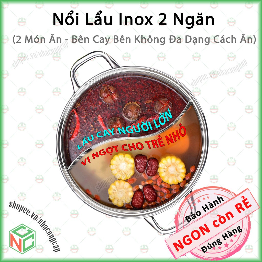Nồi Lẩu Inox 2 Ngăn Bằng Nắp Thủy Tinh - Nấu 2 Món Ăn Cho Khẩu Vị Riêng - NLVQ-NL2N (Inox)