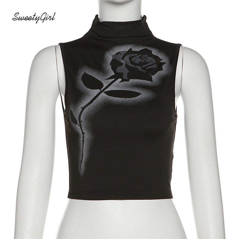 Áo Tank Top Cổ Cao In Họa Tiết Hoa Hồng Đen Phong Cách Punk Y2k Ngọt Ngào Thời Trang 2022 Dành Cho Bạn Nữ