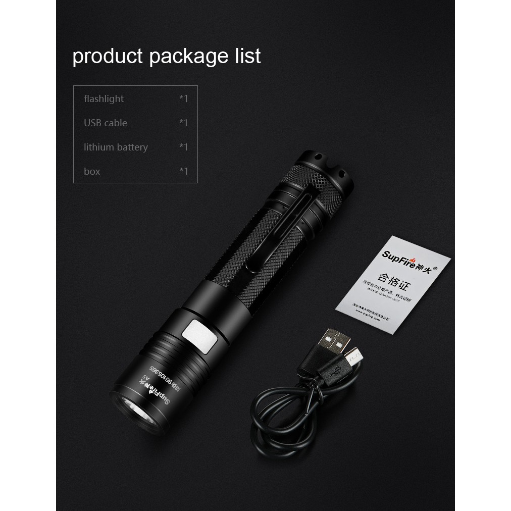Đèn Pin Siêu Sáng SUPERFIRE A5/A5-l2 siêu sáng bằng hợp kim nhôm chống nước kèm cáp sạc USB tiện dụng