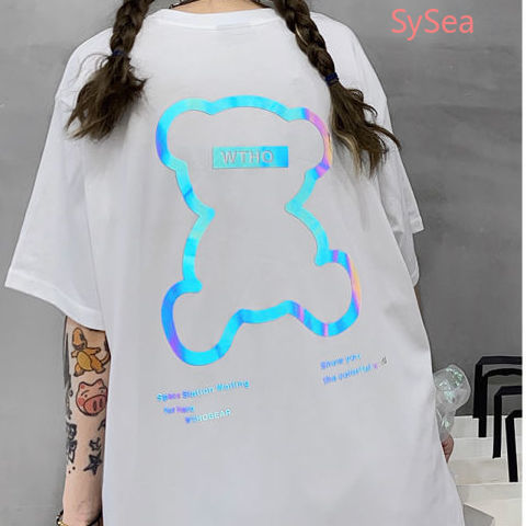 Áo Thun Cotton Tay Ngắn Dáng Rộng In Hình Gấu Phản Quang Độc Đáo Hợp Thời Trang