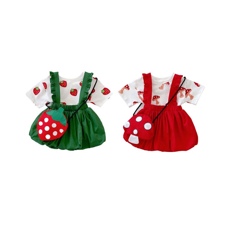 Bộ Áo Thun Ngắn Tay In Họa Tiết Trái Cây + Chân Váy Yếm Thời Trang Mùa Hè Dễ Thương Dành Cho Bé Gái 2022