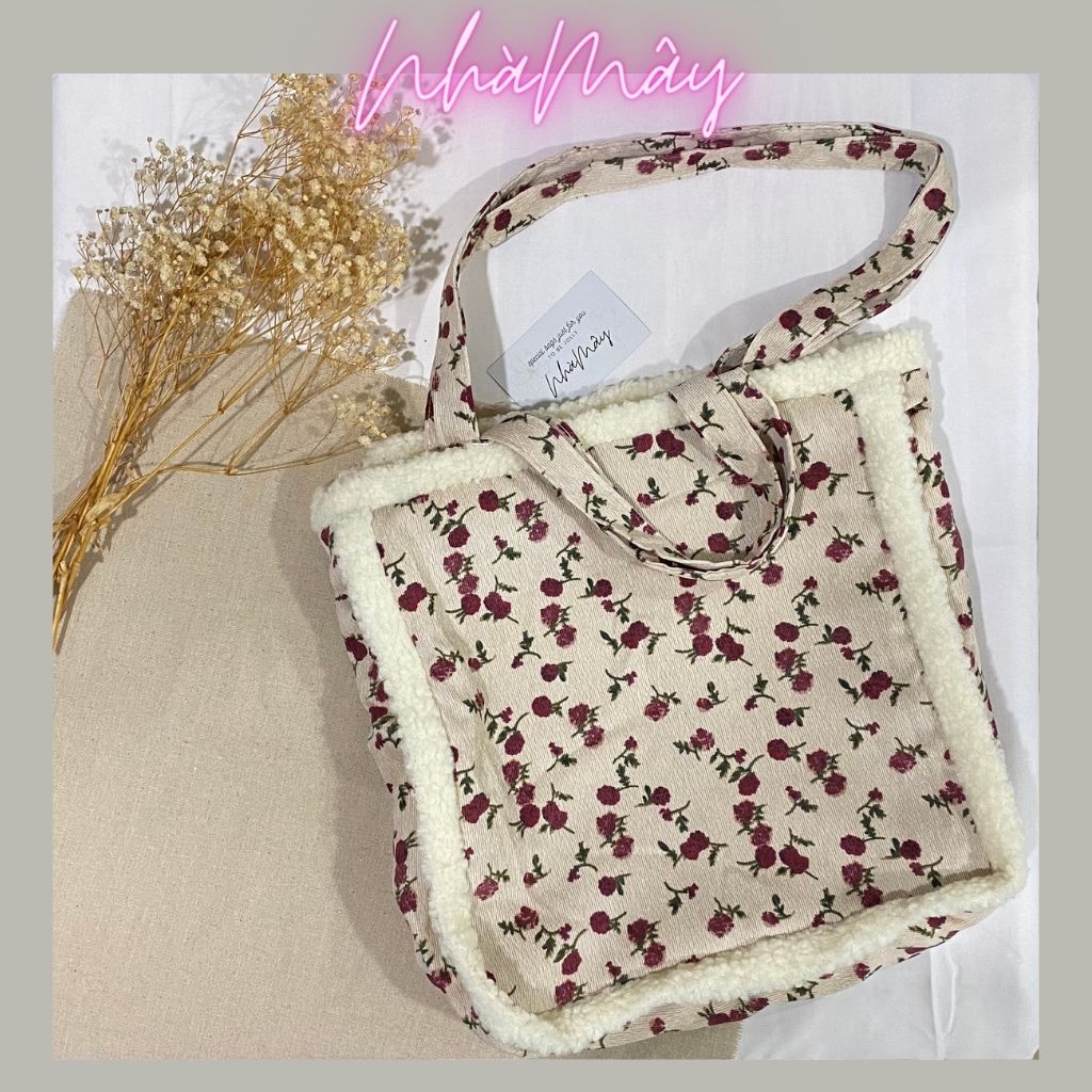 Túi tote phong cách retro chất vải nhung tăm
