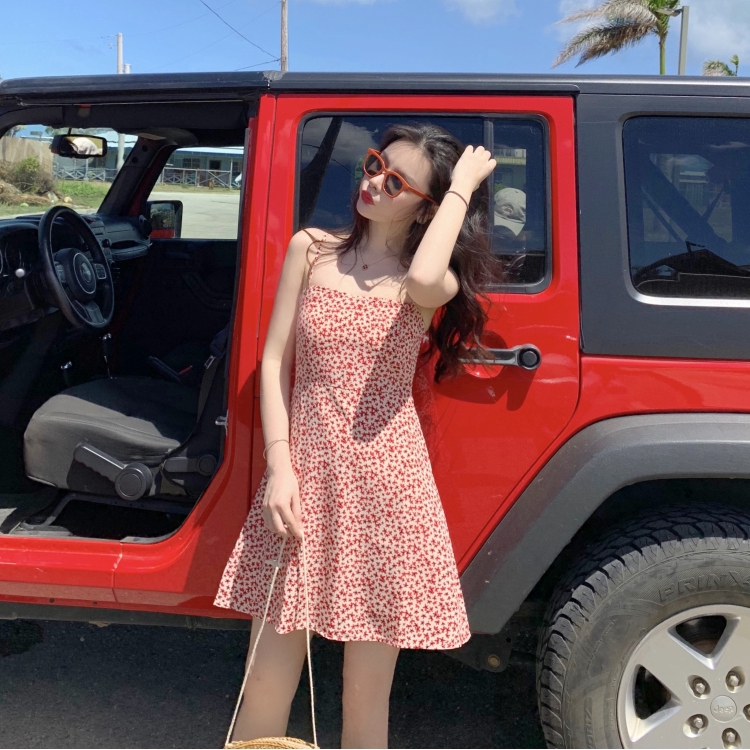 SUXI Đầm tiệc hai dây in họa tiết hoa thời trang Hàn Quốc