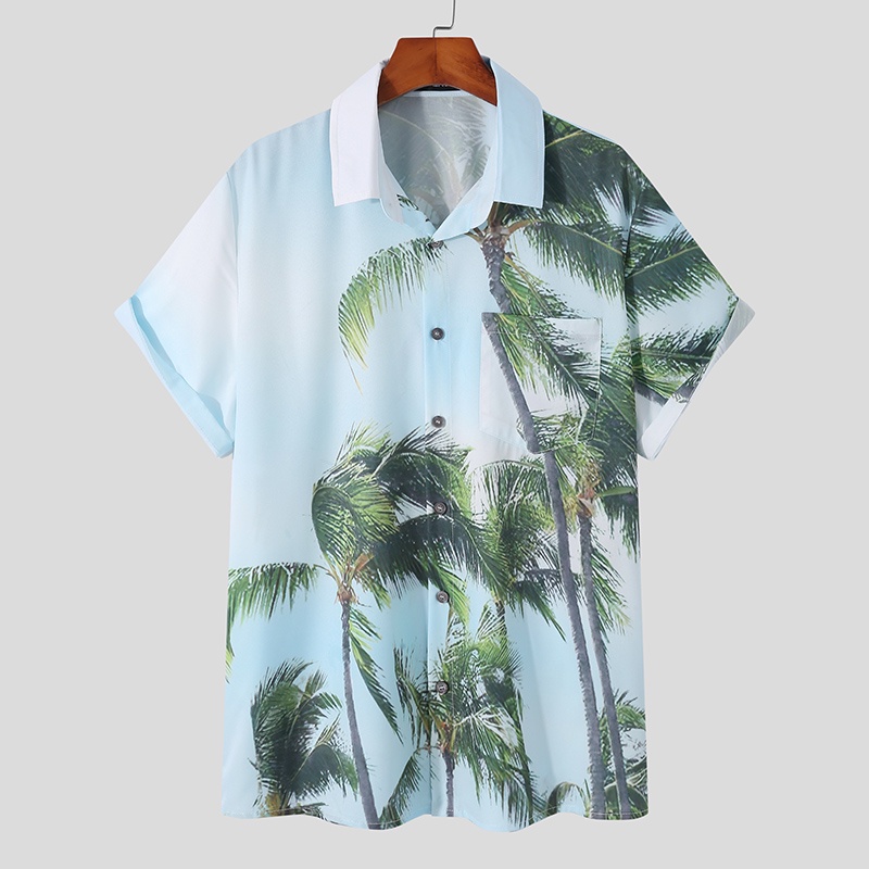 INCERUN Áo Sơ Mi Tay Ngắn Có Cổ In Họa Tiết Thời Trang Đi Biển Cho Nam