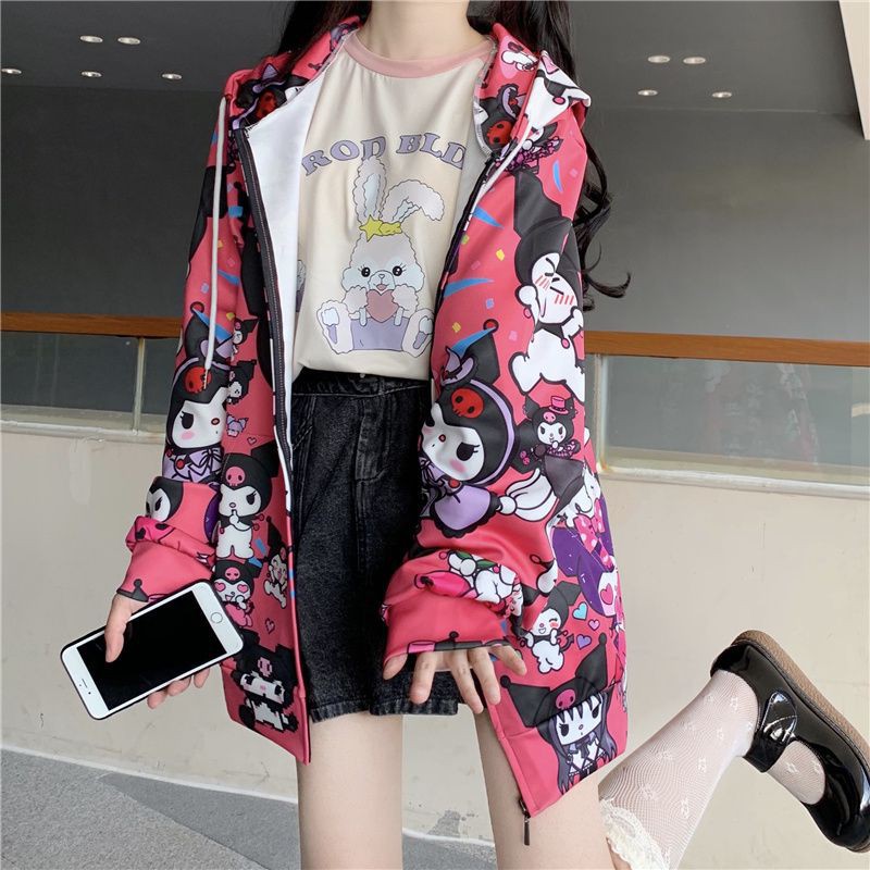 Áo hoodie cardigan &amp; túi xách Kuromi Harajuku cho nữ