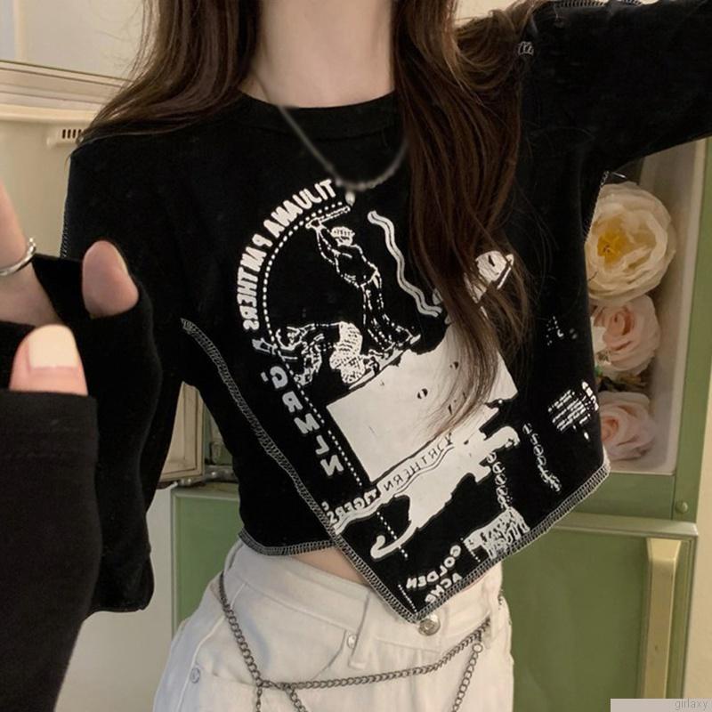 Áo thun lửng tay dài in hình cá tính cho nữ