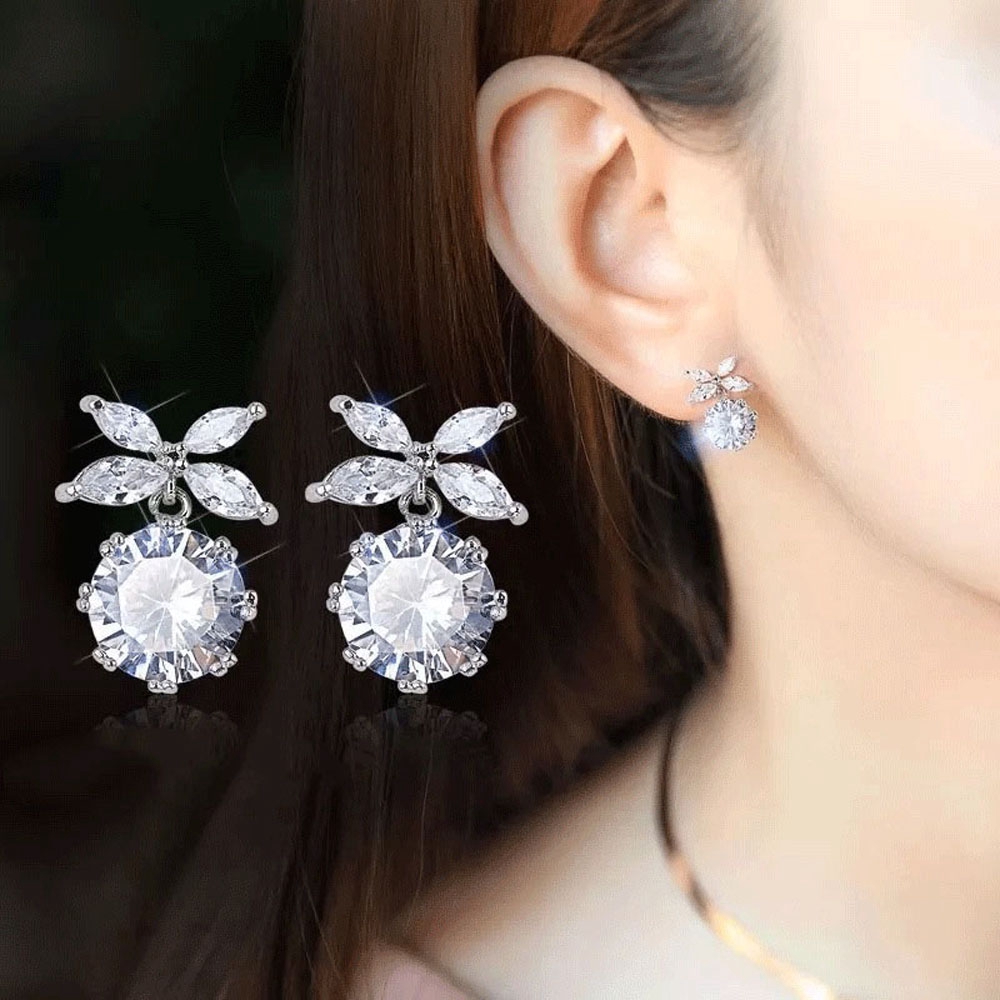 Khuyên tai kim bạc 925 dạng thả khảm đá zircon lấp lánh chống dị ứng