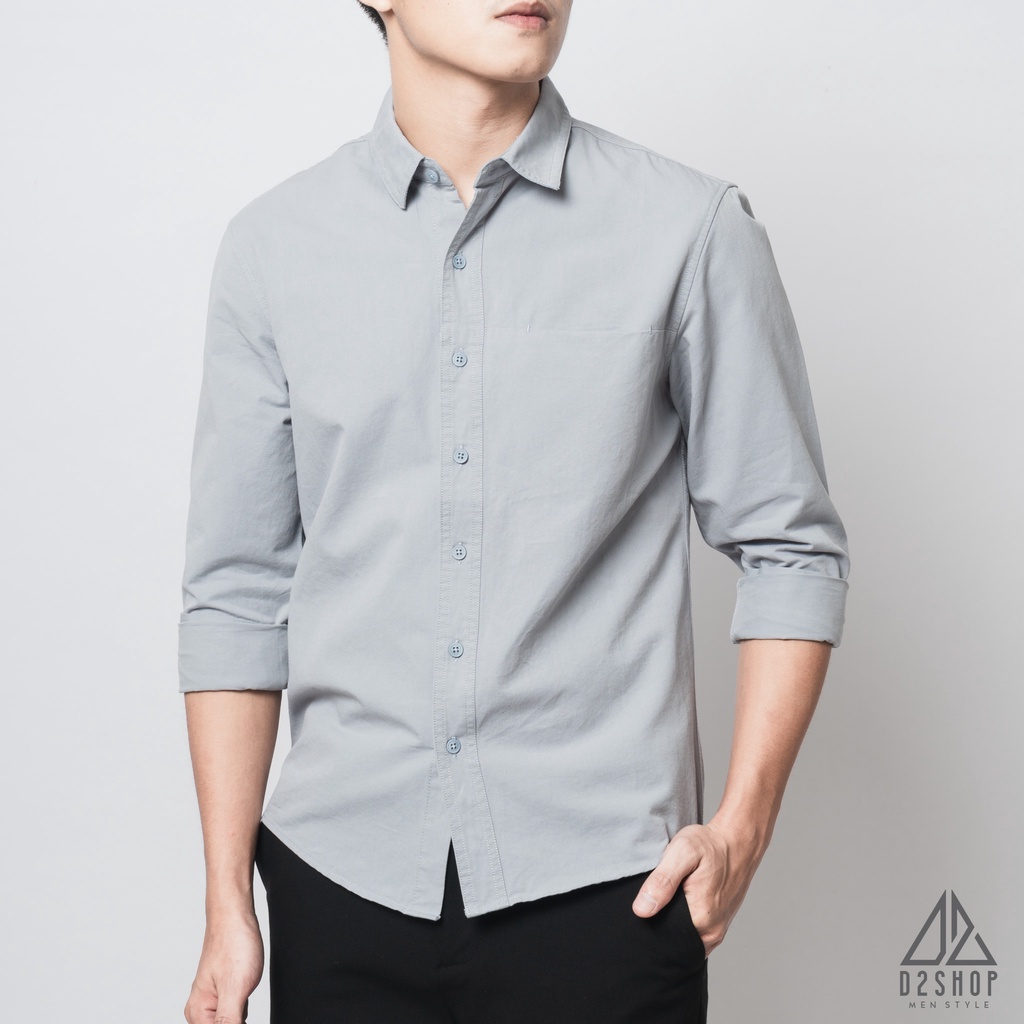 Áo sơ mi nam D2shop, áo sơ mi dài tay nam, vải xéo, túi mổ, màu xanh dương