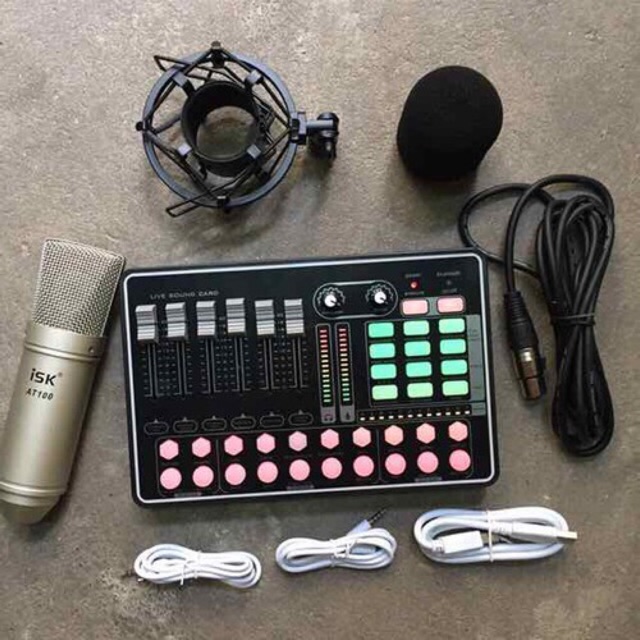 Bộ thu âm livestream 2 móm mic isk AT100-sound card H9 auto tun bảo hành